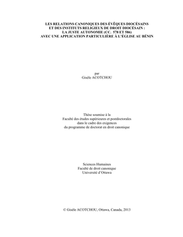 Les Relations Canoniques Des Évêques Diocésains Et Des Instituts Religieux De Droit Diocésain : La Juste Autonomie (Cc