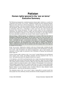 Pakistan Human Rights Ignored in the ‘War on Terror’ Executive Summary