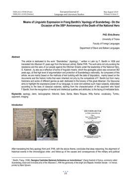 Means of Linguistic Expression in Frang Bardhi's 'Apology of Scanderbeg - on the Occasion of the 550Th Anniversary of the Death of the National Hero