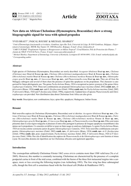 New Data on African Cheloninae (Hymenoptera, Braconidae) Show a Strong Biogeographic Signal for Taxa with Spined Propodea