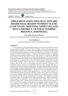 Implementation Strategy Toward Residential Region Without Slums (Case Study: Montong Terep Village, Praya District, Central Lombok Regency, Indonesia)