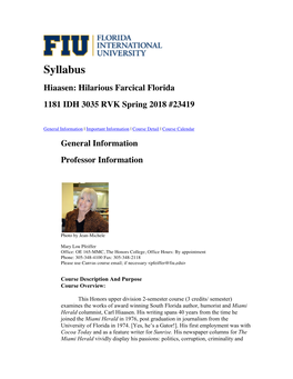 Syllabus Hiaasen: Hilarious Farcical Florida 1181 IDH 3035 RVK Spring 2018 #23419