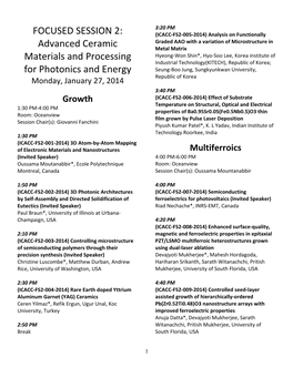 FOCUSED SESSION 2: Advanced Ceramic Materials and Processing