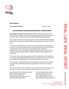 Press Release 2013 NATIONAL WHEELCHAIR BASKETBALL