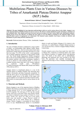 Multifarious Plants Uses in Various Diseases by Tribes of Amarkantak Plateau District Anuppur (M.P.) India