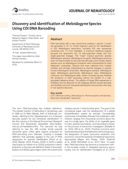 JOURNAL of NEMATOLOGY Discovery and Identification of Meloidogyne Species Using COI DNA Barcoding