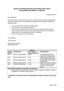 Review of Polling Districts and Polling Places 2014 Acting Returning Officer’S Response