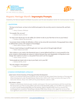 Hispanic Heritage Month: Impromptu Prompts Created by the National Speech & Debate Association and the Sam Donaldson Center for Communication Studies