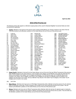 2016 LPGA Priority List