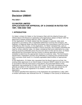U98041 Decision: CU Water Limited