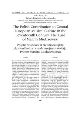 The Polish Contribution to Central European Musical Culture in the Seventeenth Century. the Case of Marcin Mielczewski