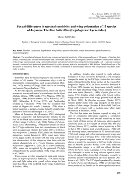 Sexual Differences in Spectral Sensitivity and Wing Colouration of 13 Species of Japanese Thecline Butterflies (Lepidoptera: Lycaenidae)