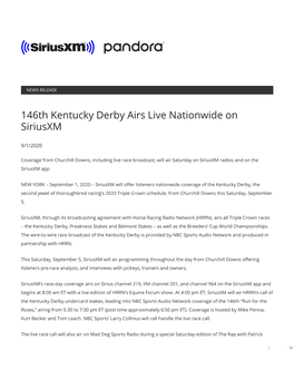 146Th Kentucky Derby Airs Live Nationwide on Siriusxm