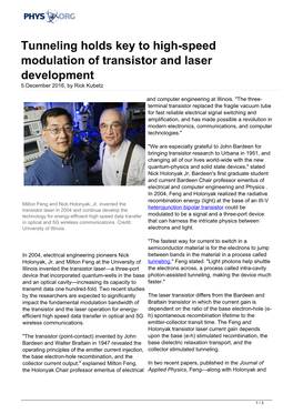 Tunneling Holds Key to High-Speed Modulation of Transistor and Laser Development 5 December 2016, by Rick Kubetz