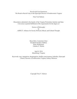 Paved with Good Intentions the Road to Racial Unity in the Episcopal Diocese of Southwestern Virginia Nina Vest Salmon Dissertat