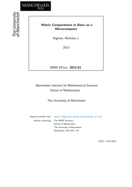 Matrix Computations in Basic on a Microcomputer Higham, Nicholas J. 2013 MIMS Eprint: 2013.51 Manchester Institute for Mathemat