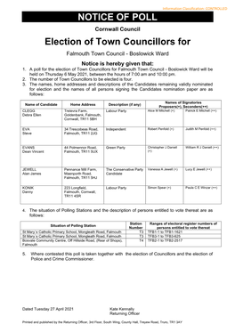 Election of a Town Councillor for Falmouth Boslowick ED