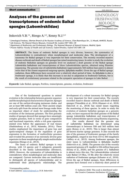 Analyses of the Genome and Transcriptomes of Endemic Baikal Sponges (Lubomirskiidae)