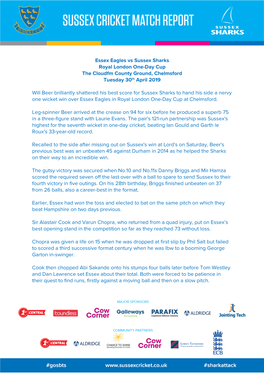 Essex Eagles Vs Sussex Sharks Royal London One-Day Cup the Cloudfm County Ground, Chelmsford Tuesday 30Th April 2019