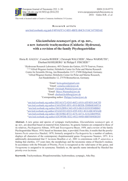 Glaciambulata Neumayeri Gen. Et Sp. Nov., a New Antarctic Trachymedusa (Cnidaria: Hydrozoa), with a Revision of the Family Ptychogastriidae