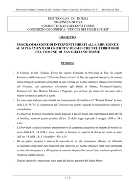 Protocollo Di Intesa Provincia Di Pisa Comune Di San Giuliano Terme Consorzio Di Bonifica “Ufficio Dei Fiumi E Fossi”
