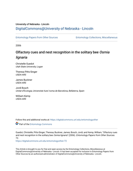 Olfactory Cues and Nest Recognition in the Solitary Bee Osmia Lignaria