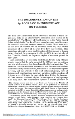 The Implementation of the 1834 Poor Law Amendment Act on Tyneside