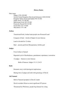 History Books Date Range: Judges 1250-1020
