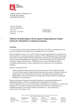 Tillatelse Til Midlertidig Avvik Fra Manøvreringsreglement Laudal Kraftverk I Mandalselva, Lindesnes Kommune