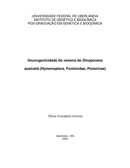 Imunogenicidade Do Veneno De Dinoponera Australis (Hymenoptera, Formicidae, Ponerinae)