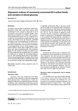 Glycaemic Indices of Commonly Consumed Sri Lankan Foods and Variation in Blood Glucose