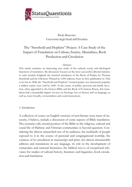 The “Sternhold and Hopkins” Project: a Case Study of the Impact of Translation on Culture, Society, Mentalities, Book Production and Circulation