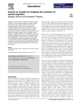 Insects As Models for Studying the Evolution of Animal Cognition