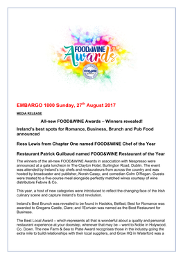 EMBARGO 1800 Sunday, 27Th August 2017