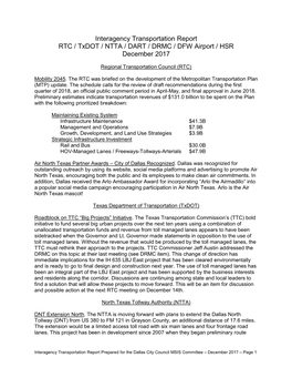 Interagency Transportation Report RTC / Txdot / NTTA / DART / DRMC / DFW Airport / HSR December 2017