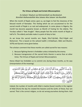 The Virtues of Rajab and Certain Misconceptions As-Salaam