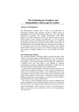 The Lichtenberger Prophecy and Melanchthon's Horoscope for Luther