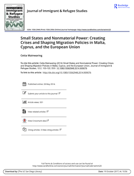 Small States and Nonmaterial Power: Creating Crises and Shaping Migration Policies in Malta, Cyprus, and the European Union
