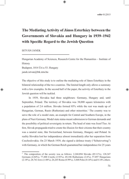 The Mediating Activity of János Esterházy Between the Governments of Slovakia and Hungary in 1939–1942 with Specific Regard to the Jewish Question