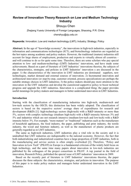 Review of Innovation Theory Research on Low and Medium Technology Industry Shouyu Chen Zhejiang Yuexiu University of Foreign Languages, Shaoxing, P.R