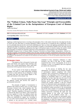 Nullum Crimen, Nulla Poena Sine Lege” Principle and Foreseeability of the Criminal Law in the Jurisprudence of European Court of Human Rights Andrei Emil Moise*