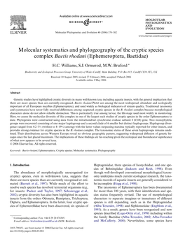 Molecular Systematics and Phylogeography of the Cryptic Species Complex Baetis Rhodani (Ephemeroptera, Baetidae)