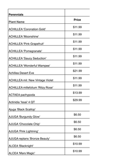Perennials Plant Name Price ACHILLEA