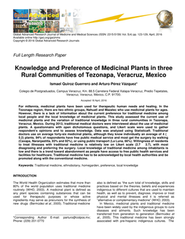Knowledge and Preference of Medicinal Plants in Three Rural Communities of Tezonapa, Veracruz, Mexico