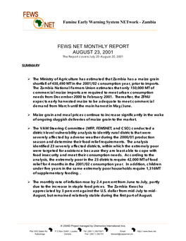 FEWS NET MONTHLY REPORT AUGUST 23, 2001 This Report Covers July 20-August 20, 2001