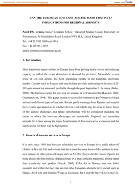 1 Can the European Low-Cost Airline Boom Continue?