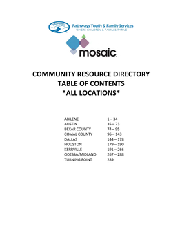 Community Resource Directory Table of Contents *All Locations*