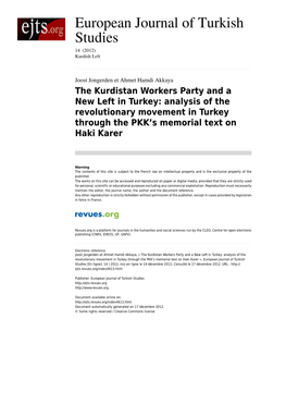 The Kurdistan Workers Party and a New Left in Turkey: Analysis of the Revolutionary Movement in Turkey Through the PKK’S Memorial Text on Haki Karer