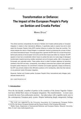 Transformation Or Defiance: the Impact of the European People’S Party on Serbian and Croatia Parties*