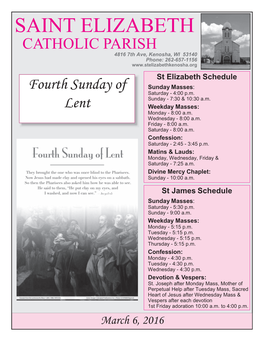 SAINT ELIZABETH CATHOLIC PARISH 4816 7Th Ave, Kenosha, WI 53140 Phone: 262 -657 -1156 St Elizabeth Schedule